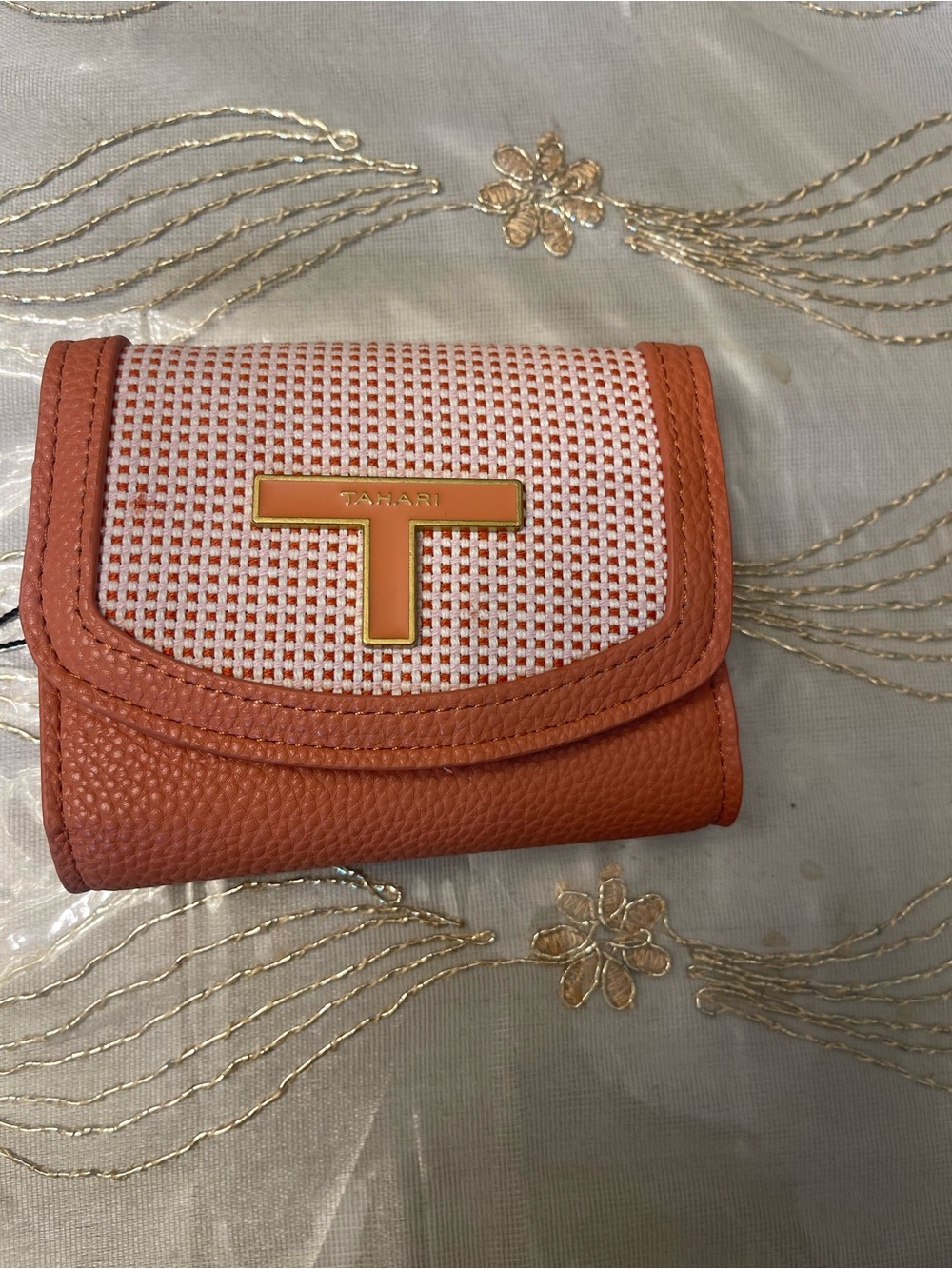 T Tahari Coral-Orange Woven Accent Compact Wallet